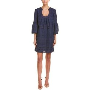Trina Turk Bonita Navy Blue Eyelet Lace Bell Sleeve Shift Dress Size 0